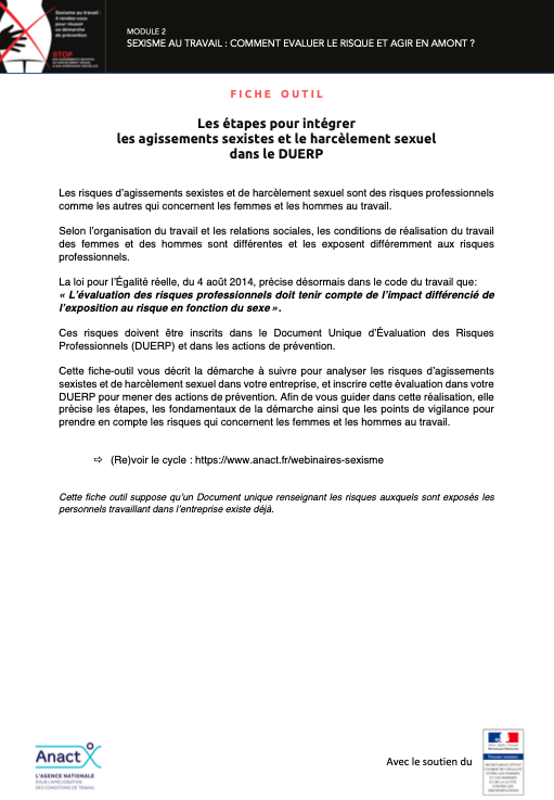 Les  étapes pour intégrer les agissements sexistes et le harcèlement sexuel dans le DUERP