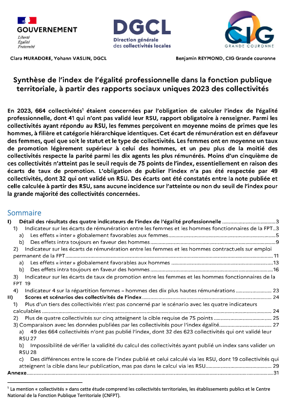 Synthèse de l'index de l'égalité professionnelle dans la fonction publique territoriale, à partir des rapports sociaux uniques 2023 des collectivités