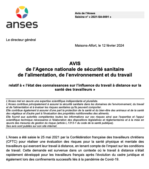 Avis de l'Anses relatif à l’état des connaissances sur l’influence du travail à distance sur la santé des travailleurs