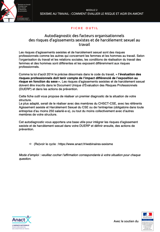 Autodiagnostic des facteurs organisationnels des risques d'agissements sexistes et de harcèlement sexuel au travail
