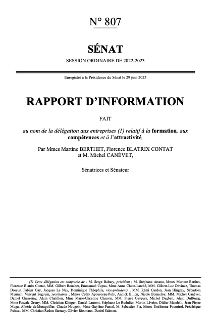 Rapport d'information fait au nom de la délégation aux entreprises relatif à la formation, aux compétences et à l'attractivité