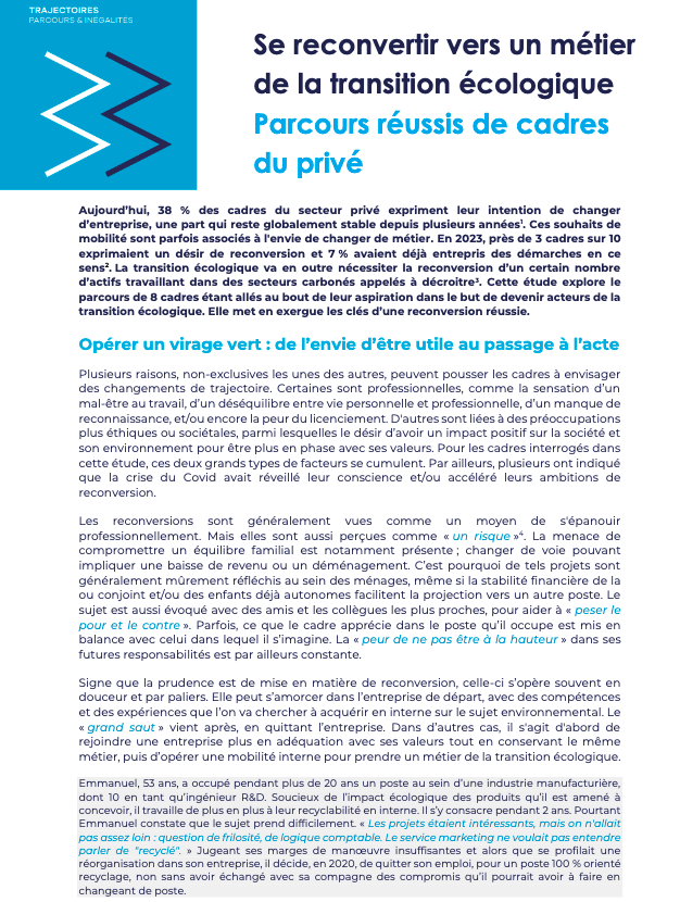 Vignette document Se reconvertir vers un métier de la transition écologique. Parcours réussis de cadres du privé